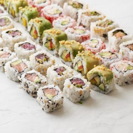 Mixed Sushi on a board from Panzer's Delicatessen