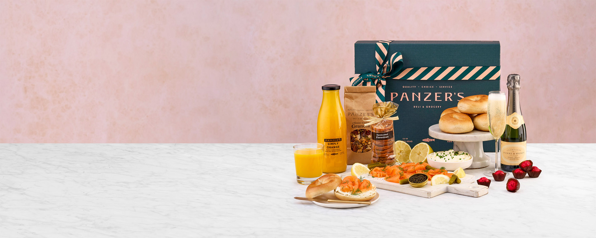 Panzer's Ultimate Breakfast Box with smoked salmon bagels, granola, champagne and more.