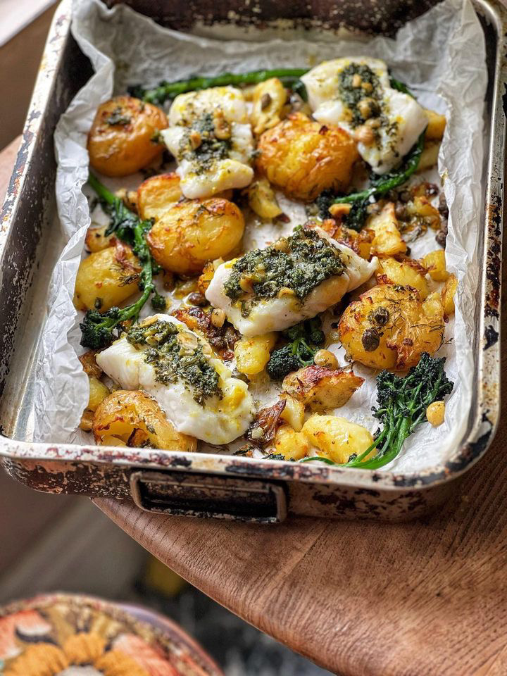 Pan baked fish with crispy pototes by Rosie Birkett 