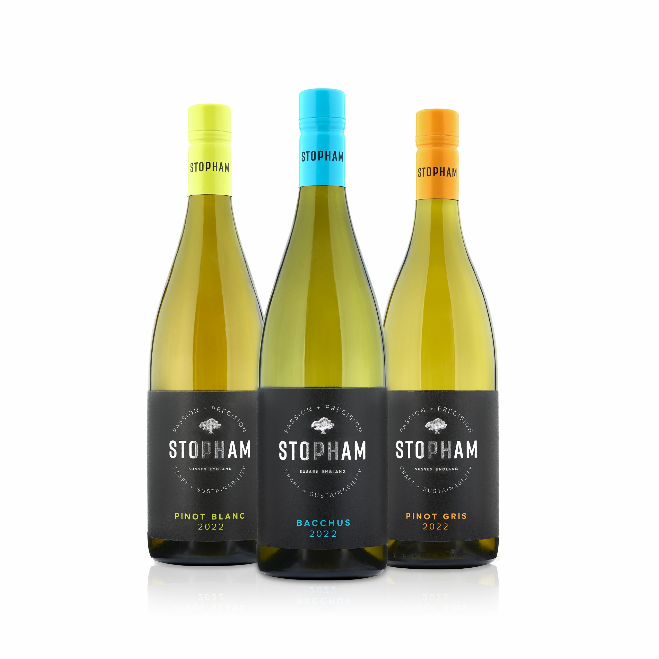 Bottles of Bacchus, Pinot Gris and Pinot Blanc from Stopham Vineyards