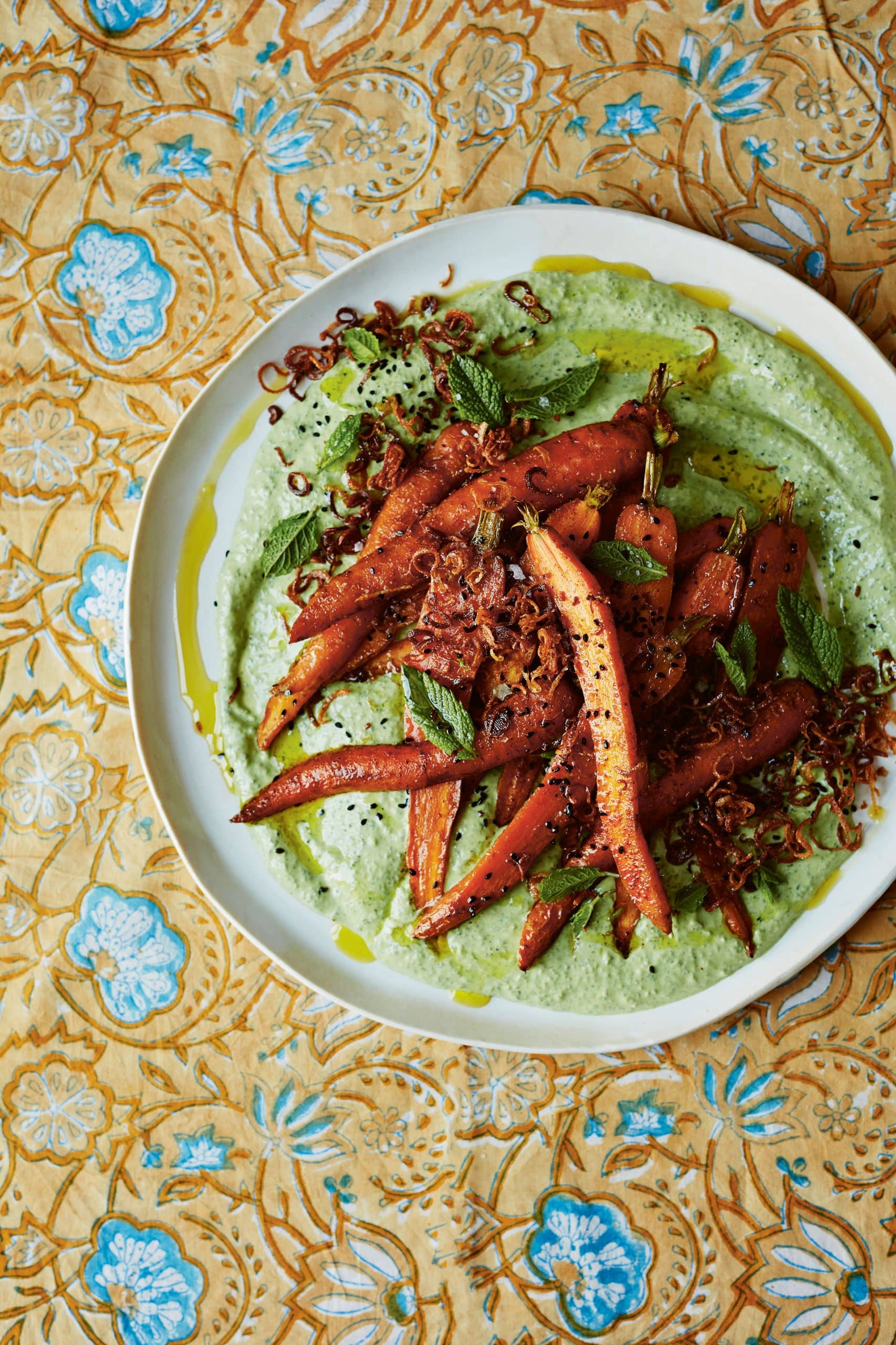 Roasted Carrots with Green Yogurt and Crispy Shallots