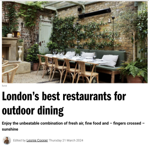 Time Out Feature on London's best restaurant for outdoor dining featuring Panzer's Deli