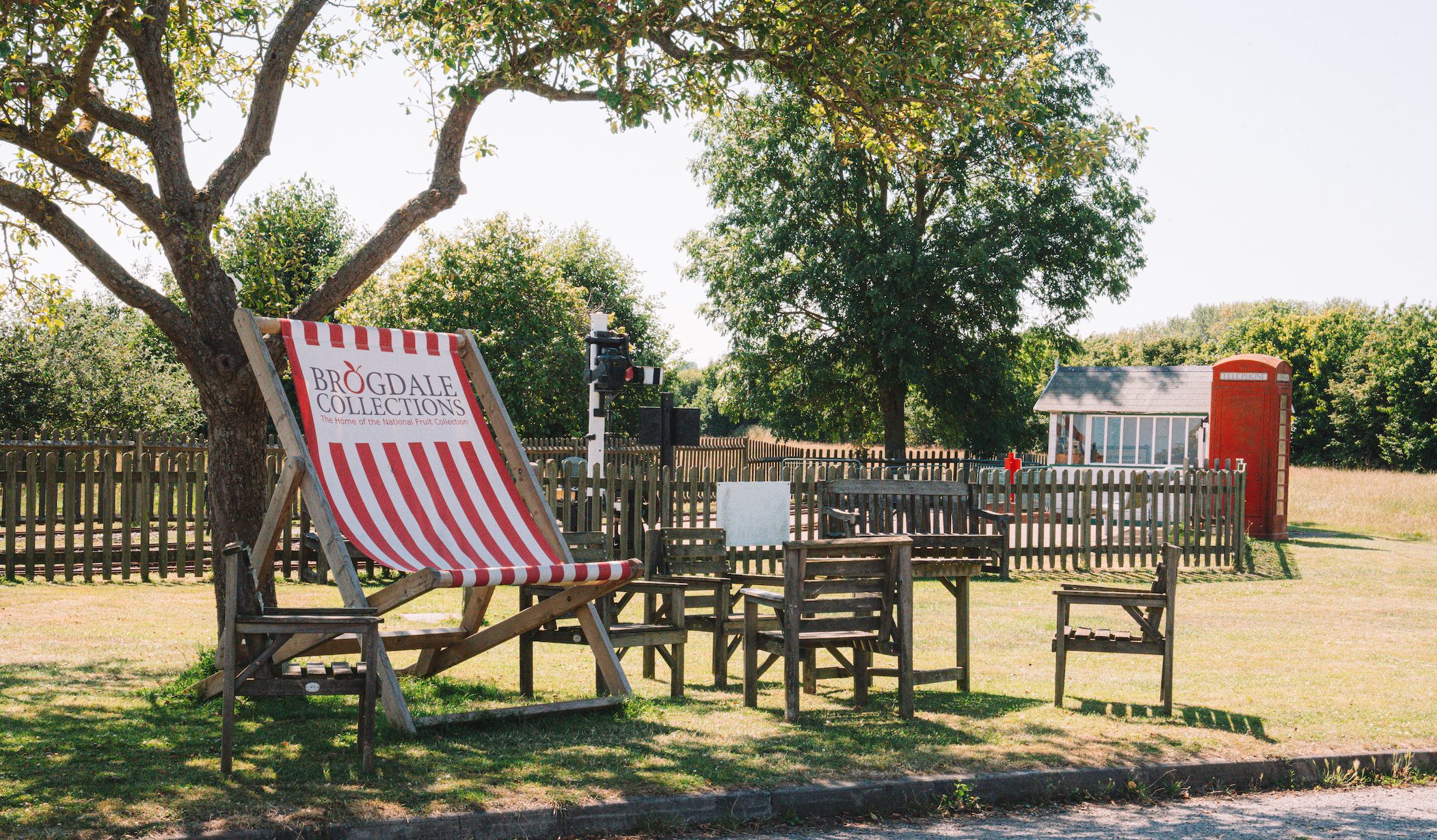 A giant chair with Brogdale Collection written on it at Brogdale Farms in Kent, England