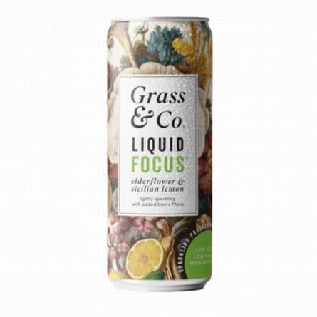 Grass & Co. Liquid Focus Elderflower & Sicilian lemon lightly sparkling with added Lion's Mane from Panzer's