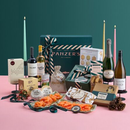 Going Overboard Christmas hamper filled with gourmet festive foods, wines, and delicacies, presented in a luxurious Panzer's Hamper Box